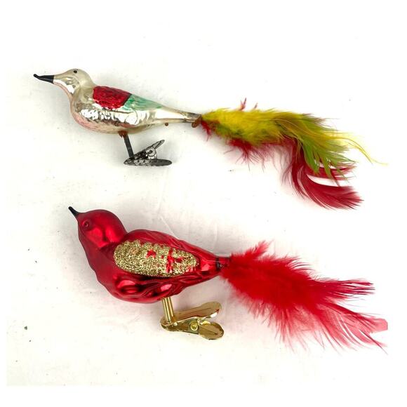Antique Mercury Blown Glass Clip on Birds with Feather Tails Christmas Ornaments - Picture 1 of 16